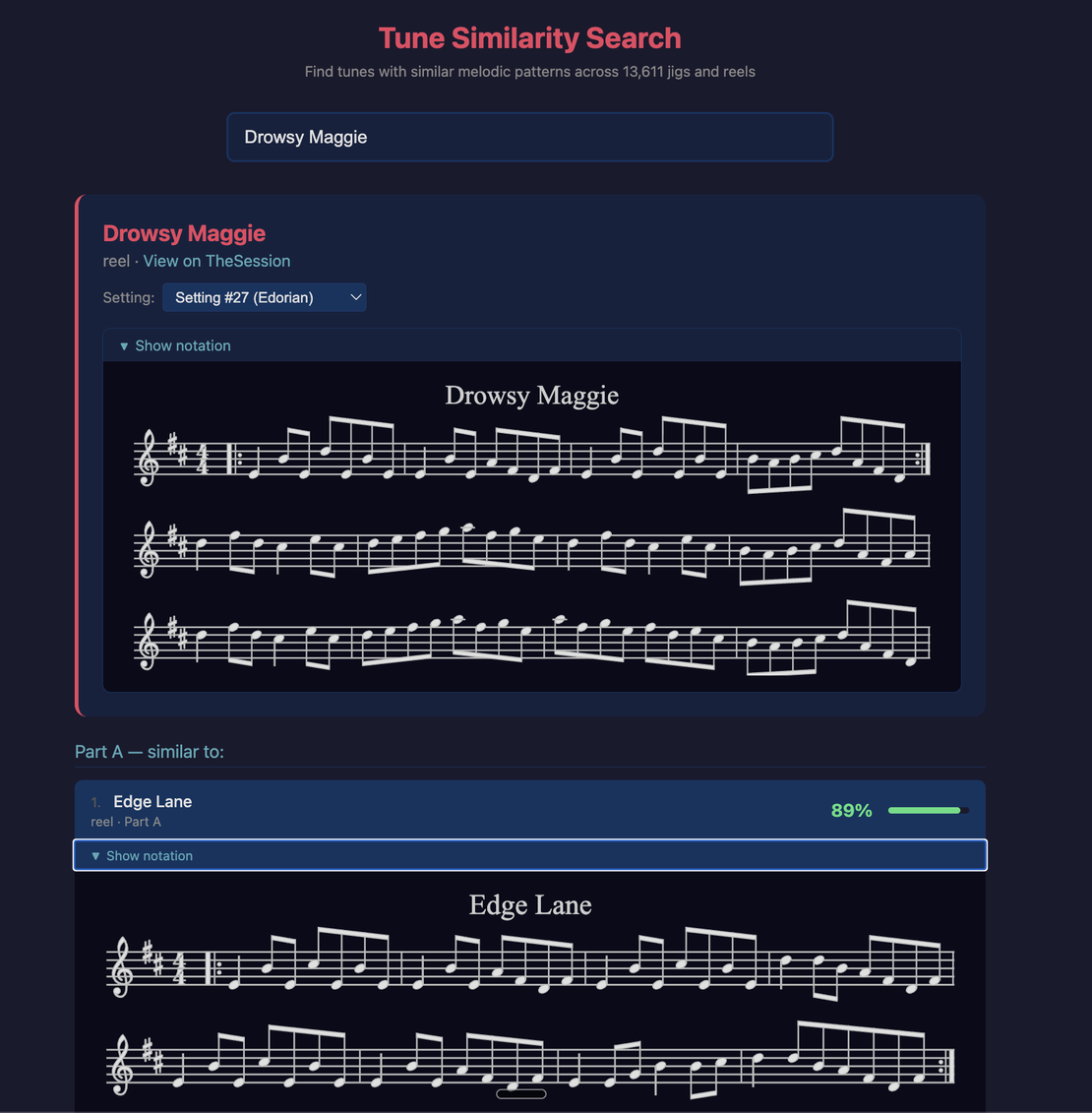 Tune Similarity Search: Embeddings from ABC Notation for Irish Traditional Music